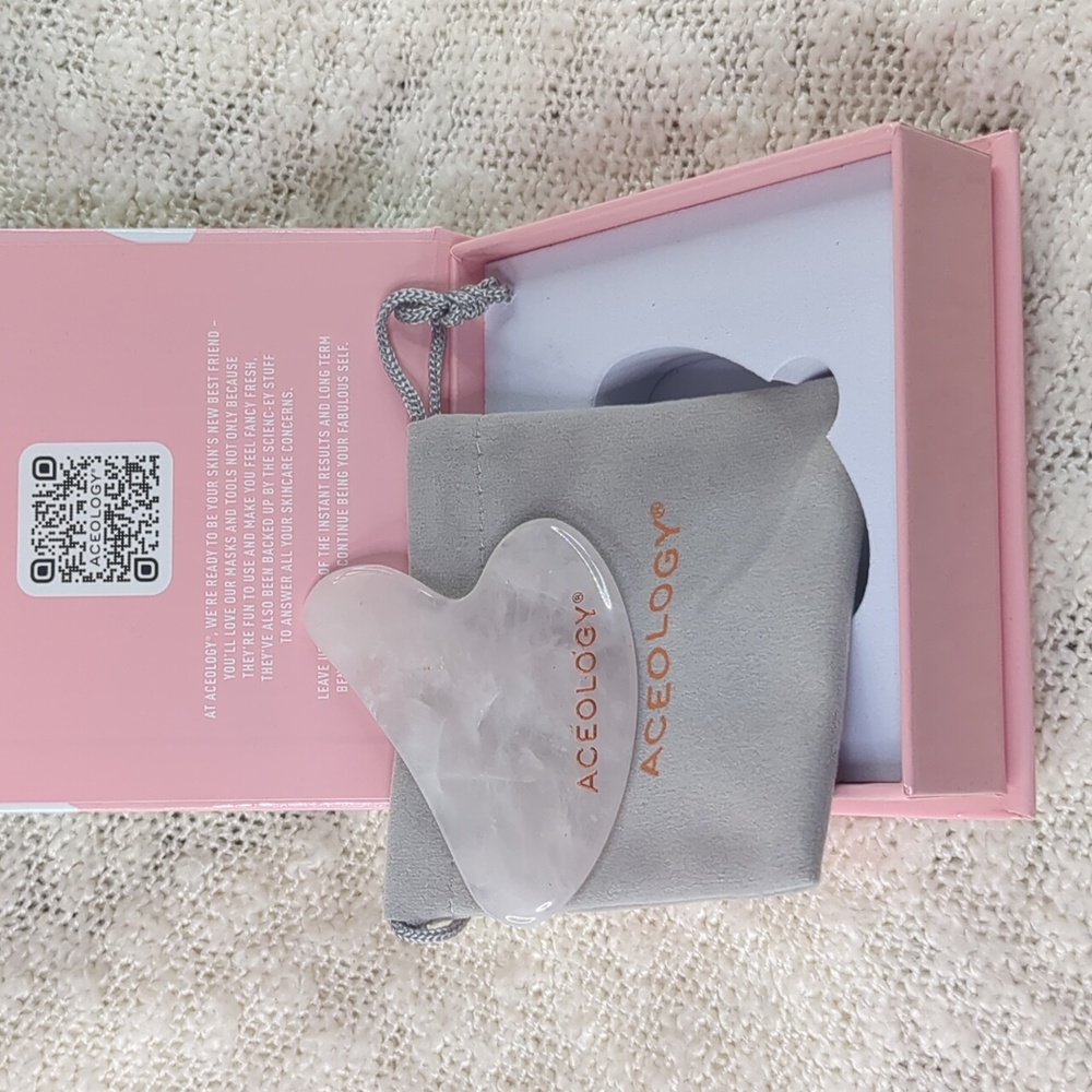 Aceology Pink Gua Sha Facial Tool, One piece Rose Quartz w/Custom Drawstring Bag